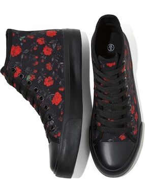 Women's Red Floral Print Lace Up Canvas High Tops Fashion Sneakers Casual Shoes